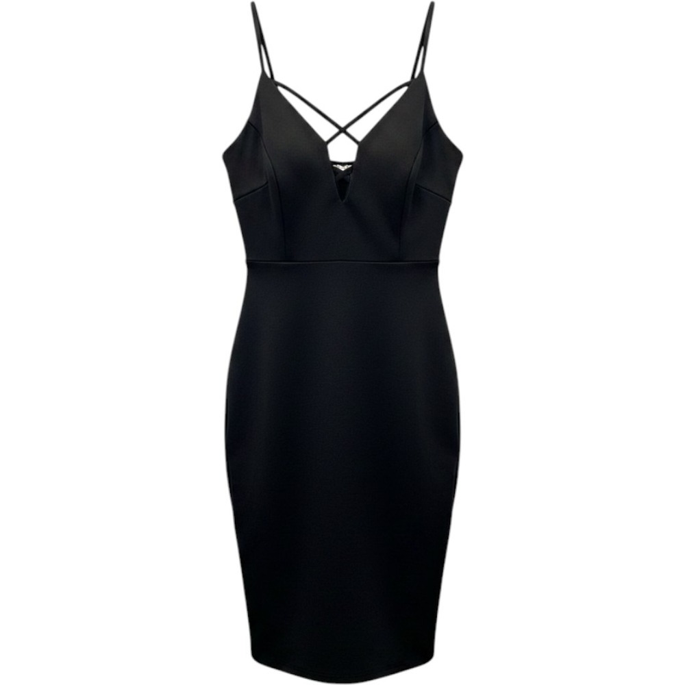 Stella Luce Bodycon Dress Womens XL Black Deep V-Neck Caged Strappy Cocktail LBD